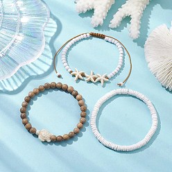 Synthetic Turquoise 3Pcs 3 Styles Tortoise Round Wood & Disc Sea Shell Beaded Stretch Bracelet Sets, Summer Beach Starfish Synthetic Turquoise Braided Bead Adjustable Stackable Bracelets for Women Men, Inner Diameter: 2-1/8~3-3/8 inch(5.28~8.45cm), 1pc/style