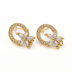 Golden Brass Stud Earring Findings, with Loops, Clear Cubic Zirconia and Ear Nuts, Ring with Flower, Golden, 14.5x10.5mm, Hole: 1mm, Pin: 0.8mm
