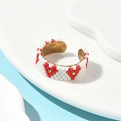 Красный Стеклянные бусины с 304 манжетными кольцами из нержавеющей стали, сердце, золотые, красные, 6.5 мм, регулируемый