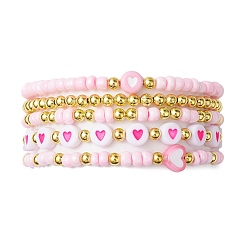 Pink 5Pcs 5 Styles Heart Acrylic & Glass Seed Beaded Stretch Bracelet Sets, Stackable Bracelets for Women, Pink, Inner Diameter: 2~2-3/8 inch(5.2cm), 1pc/style