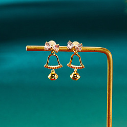 Christmas Bell Литые эмаль болтаться серьги стержня, со стразами, золотые, Рождественский колокольчик, 23x10 мм