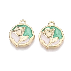 (52) Непрозрачная лаванда Подвески из эмали и сплава, плоские круглые и цветочные подвески, золотой свет, разноцветные, 19x16x3 мм, отверстие : 1.8 мм