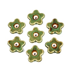 Yellow Green Vintage Handmade Porcelain Beads, Fancy Antique Glazed Porcelain, Flower, Yellow Green, 28~29x29~30x5.5~6.5mm, Hole: 1.8~3.5mm