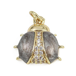 Серый Латунные микропаве прозрачные подвески с фианитом, коровка, с эмалью, без кадмия и без свинца, долговечный, реальный 18 k позолоченный, с целью перехода в кольце, серые, 16x16x5 мм, отверстие : 3 мм