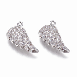 Платина Латунные микро проложить кубического циркония подвески, крыло, прозрачные, платина, 16x15x3 мм, отверстие : 1 мм