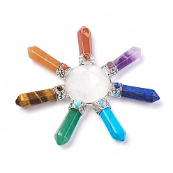 Quartz Crystal Chakra Jewelry, Natural & Synthetic Mixed Stone Pyramid Home Display Decorations, with Brass Findings and Natural Quartz Crystal, 96~99x18~19mm