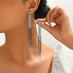 Черный Цвет Металла Серьги-гвоздики с крестом, цепочкой из сплава со стразами и кисточкой, металлический черный , 125x11 мм