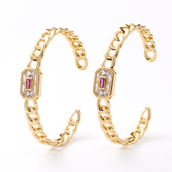 Hot Pink Brass Micro Pave Cubic Zirconia Cuff Bangles, Rectangle, Curb Chain, Real 18K Gold Plated, Hot Pink, Inner Diameter: 2-1/4 inch(5.7cm)