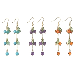 Mixed Stone 3 Pair 3 Style Natural Mixed Stone Beads & Acrylic Leaf Dangle Earrings, Real 18K Gold Plated Brass Tassel Earrings, 71x12mm, 1 Pair/style