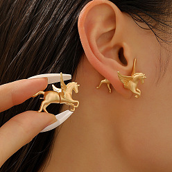 Золотой Латунь серьги, с 304 штифтов из нержавеющей стали, крылатый конь, золотые, 27x22 мм