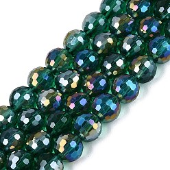Green Transparent Glass Beads Strands, Round, Faceted(96 Facets), AB Color Plated, Green, 8mm, Hole: 1~1.2mm, about 67~71pcs/strand, 19.29~20.87 inch(49~53cm)