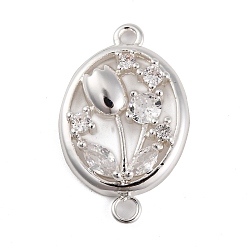 Посеребрённый Латунные подвески из прозрачного кубического циркония, без кадмия, без никеля и без свинца, овал с цветочными звеньями, 925 серебро покрытием, 25x16x5 мм, отверстие : 1.8 мм