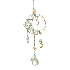 Aventurina Verde Atrapasueños de aventurina verde natural y anillo de latón con dije de sol, luna y estrella de acero inoxidable., Prisma redondo de cristal para colgar en la ventana, ideal para la decoración del hogar y el jardín., 304 mm