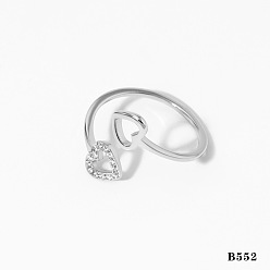 Серебро 316 Открытые кольца-манжеты из хирургической нержавеющей стали с микропаве из кубического циркония для женщин, Двойное сердце, серебряные, размер США 4 1/4(15мм)~20мм