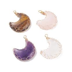 Mixed Stone Natural Gemstone Pendants, with Real 18K Gold Plated Copper Wire Wrapped, Moon, 41~46x36x8~9mm, Hole: 3mm