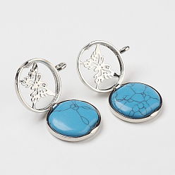 Синтетическая Бирюза Синтетические бирюзовые подвески, С выводами медальона из медных рассеивателей, плоские круглые с бабочкой, 31x26x8 мм, отверстие : 4 мм