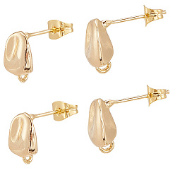 Настоящее золото 18K 4 пары латунных сережек-гвоздиков, с петлей, реальный 18 k позолоченный, 11x7 мм, отверстие : 1.5 мм, штифты : 0.8x11.5 мм