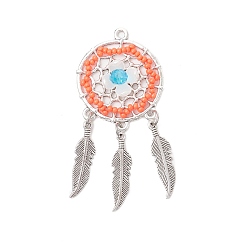 Коралловый Подвески из бисера ручной работы, плетеная сетка из сплава с перьями, с абс пластмассовой имитационной жемчужиной, коралл, 60.5x28.5x8 мм, отверстие : 2 мм