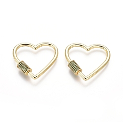 Зеленый Латунные микропаве, кубический цирконий, винт, карабин, подвески с замком, для изготовления ожерелий, сердце, золотые, зелёные, 31x31x3 мм
