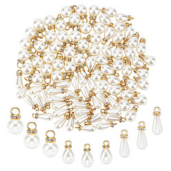 White 90Pcs 3 Style ABS Imitation Pearl & Brass Pendants, with Iron Finding & Brass Rhinestone Spacer Beads, Teardrop & Round, White, 30pcs/style