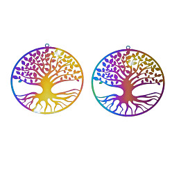 Rainbow Color Ионное покрытие (ip) 201 филигранные подвески из нержавеющей стали, гравированные металлические украшения, древо жизни, Радуга цветов, 44x42x0.2 мм, отверстие : 1.4 мм