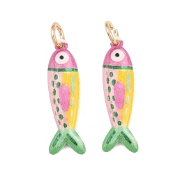 Pink Printed Brass Pendants, Fish with Dot Charms, Golden, Pink, 27x18x3mm, Hole: 4mm