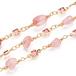 Стеклянный Камень Арбуза Квадратные звенья латунных стеклянных цепей ручной работы, с бусиной из косточек арбуза, стеклянной крошкой для изготовления ожерелий и браслетов, пайки, с катушкой, реальный 18 k позолоченный, ссылка: 19~22x5~8x5~6 mm, около 16.40 футов (5 м) / рулон