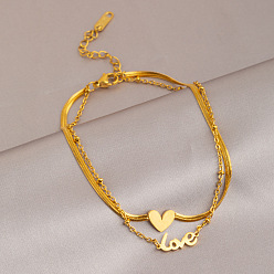 Сердце Браслеты из нержавеющей стали, двухслойные браслеты для женщин, реальный 18 k позолоченный, сердце, 8-1/4 дюйм (210 мм)