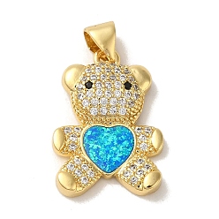 Темно-Голубой Покрытие стойки латунь микропаве прозрачные подвески из кубического циркония, подвески-мишки в форме сердца с синтетическим опалом, реальный 18 k позолоченный, без кадмия и без свинца, долговечный, глубокое синее небо, 21.5x14.5x4 мм, отверстие : 3.5x3 мм