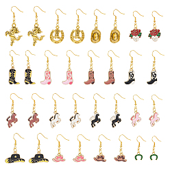 Золотой 16 пары 16 стили сплав эмали с железными подвесками, лошадь/ковбойская шляпа/ковбойские сапоги, золотые, 32~52 мм, 1 пара / стиль