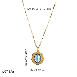 Oval 304 Подвеска-колье из нержавеющей стали с индийским сапфиром и стразами, геометрическим узором, текстурированная, для женщин., золотые, овальные, 15.75 дюйм (40 см), Кулон : 23x20 мм
