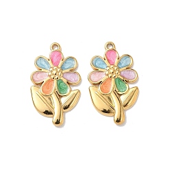 Разноцветный 304 нержавеющей стальной эмали подвески, ионное покрытие (ip), цветочный шарм, реальный 18 k позолоченный, красочный, 22x13x2 мм, отверстие : 1.2 мм