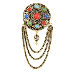Античное Золото Броши из смолы с имитацией бирюзы, брошь-цепочка из сплава, плоско-круглые, античное золото , 103.5x47 мм
