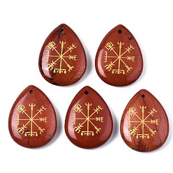 Красный Камень Природные красной яшмы подвески, слеза с северным языческим узором, 32~33.5x25~26x6.5~7.5 мм, отверстие : 2 мм, 6 шт / пакет