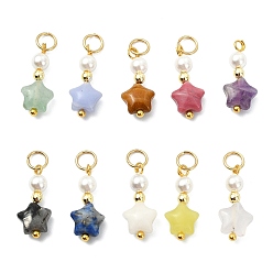 Mixed Stone Natural & Synthetic Mixed Gemstone Pendants, Star Charms with Shell Pearl Beads, Golden, Mixed Dyed and Undyed, 21x8x4.5mm, Hole: 4mm