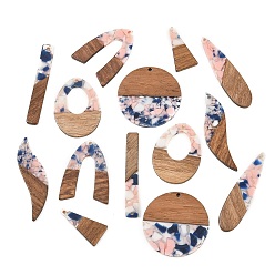 Pink Walnut Wood & Transparent Resin Pendants, Mixed Shapes Charm, Pink, 28.5~52.5x7.5~38.5x3~3.5mm, Hole: 2mm, about 14pcs/set