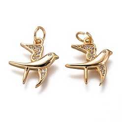 Золотой Латунные микропаве прозрачные подвески с фианитом, долговечный, с целью перехода в кольце, птица, золотые, 16x14x2 мм, Перейти кольцо: 5x1 мм, 3 мм внутренним диаметром