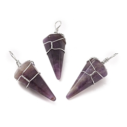 Аметист Природный аметист драгоценный камень подвески, с медной проволокой платинового тона, обернутой, без кадмия и без свинца, граненый конус, 46.5~53x17~19x17~18 мм, отверстие : 5~6.5 мм