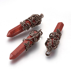Красный Камень Подвески из натуральной красной яшмы, с красной медью, пуля, 57~60x16 мм, отверстие : 8x5 мм