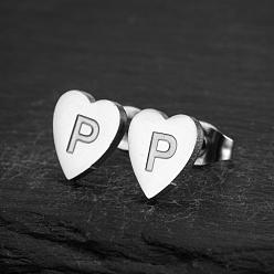 Letter P Сердце 201 нержавеющей стали серьги, цвет нержавеющей стали, Письмо P, 10x10 мм
