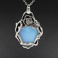 Опал Подвески в стиле ретро с опалитом, с латунной фурнитурой античного бронзового тона, овальные с цветком, 40x30x10 мм