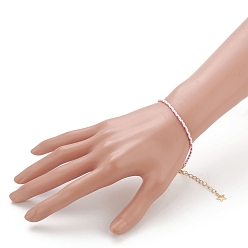 Pink Cotton Braided Cord Bracelets, with Golden Plated 304 Stainless Steel Star Charms and Lobster Claw Clasps, Pink, 7-5/8 inch(19.3cm), 2.5mm