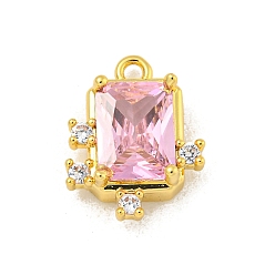 Бледно-Розовый Прямоугольная стойка, покрытие из латуни, микро-паве, подвески из кубического циркония, долговечный, без кадмия и без свинца, реальный 18 k позолоченный, розовый жемчуг, 14x10.5x5 мм, отверстие : 1.4 мм