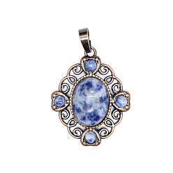 (306FM) Жонкиль матовый с лаймовой подкладкой Ретро полые подвески из натуральной яшмы с синими пятнами, подвески в виде цветка-ромба, с красной медной металлической фурнитурой, 33x27x7 мм