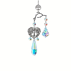Clear AB Glass Teardrop Pendant Decorations, Alloy Heart with Tree of Life Hanging Suncatchers, for Home, Car Interior Ornaments, Clear AB, 410mm