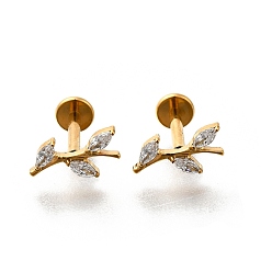Золотой F136 титановые микропаве прозрачные кубические циркониевые лабреты в форме листа, золотые, 10.5 мм, штифты : 1.2 мм