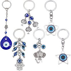Mixed Color 6Pcs 6 Style Evil Eye Keychain, with Alloy Findings, Mixed Shape, Mixed Color, 9~13.7cm, 1pc/style