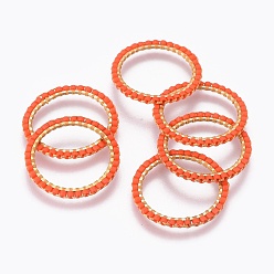 Orange Red MIYUKI & TOHO Handmade Japanese Seed Beads, with 304 Stainless Steel Link Rings, Loom Pattern, Ring, Golden, Orange Red, 22~23x1.7mm