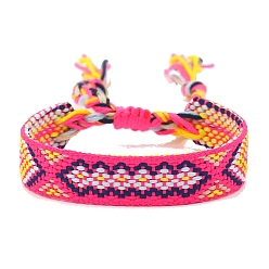 Hot Pink Bohemia Polyester Braided Rhombus Cord Bracelet, Adjustable Bracelet for Women, Hot Pink, 5-3/4 inch(14.5cm)
