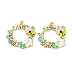 Средний Аквамарин Стойки обшивки сплава эмали подвески, со стразами, золотые, венок с пчелкой-оберегом, средний аквамарин, 27.3x27.3x3 мм, отверстие : 1.8 мм